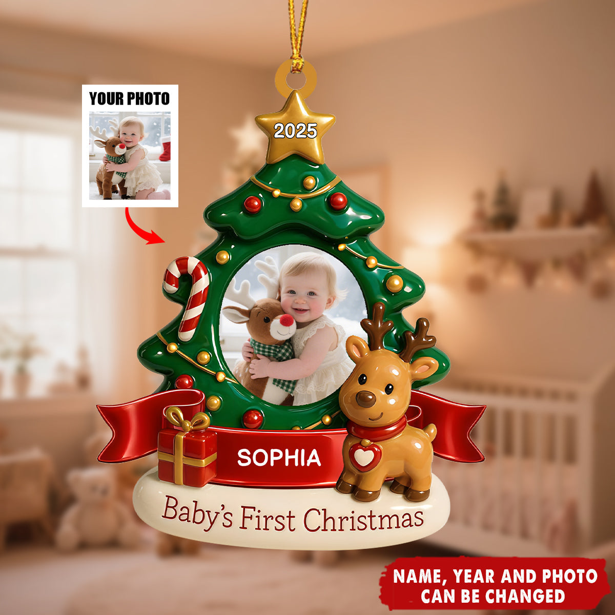 Baby's First Christmas With Tree And Reindeer - Personalized Acrylic Flat Ornament