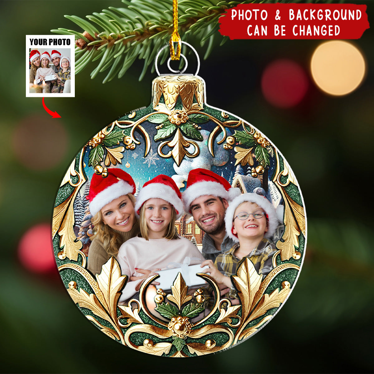 Custom Photo Christmas Ball With Floral Pattern Personalized Acrylic Ornament