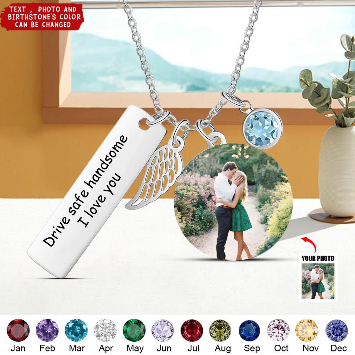 Customised Photo Necklace With Engraved Nameplate And Birthstone Bespoke Photo Necklace