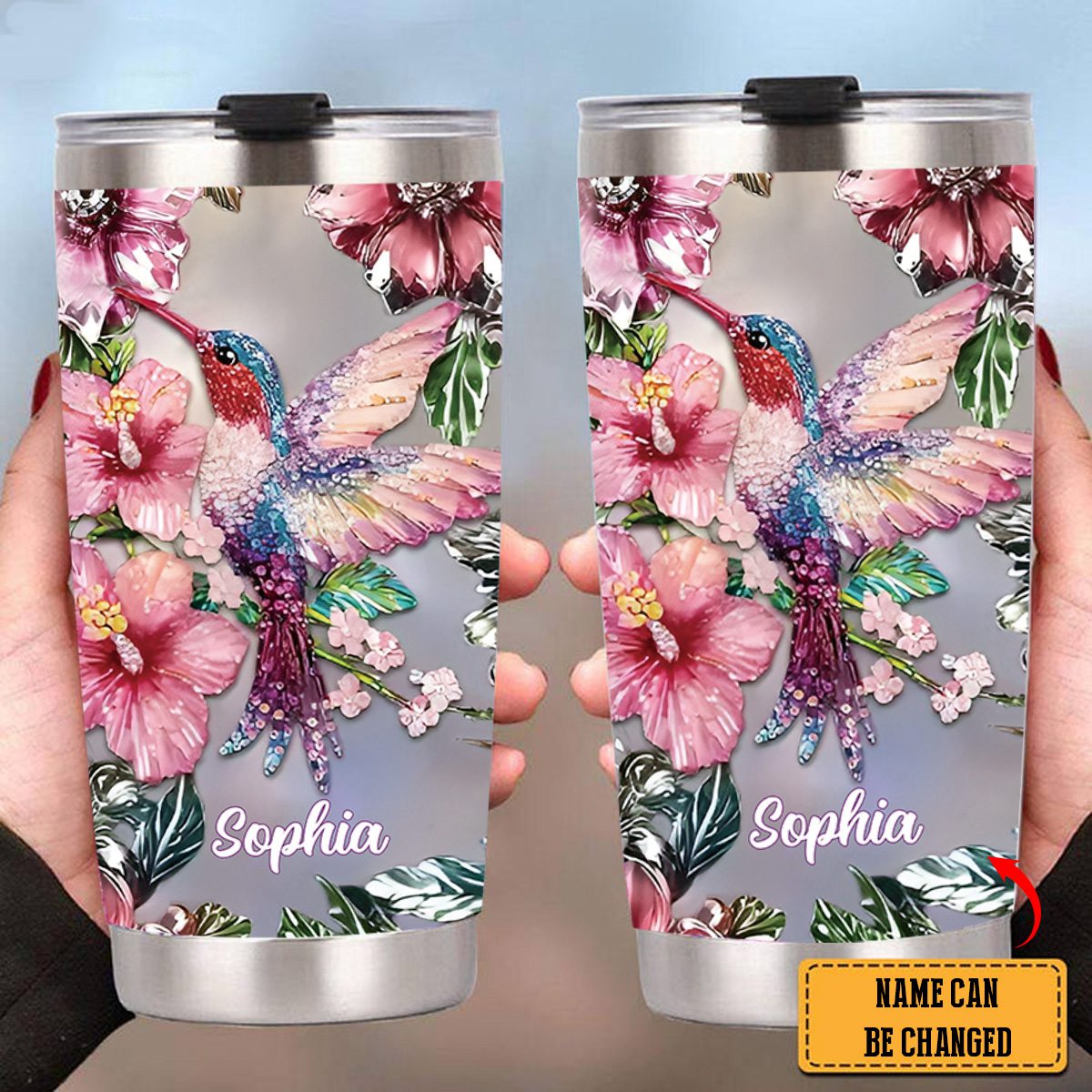 Sparkling Floral Hummingbird Personalized Name Hummingbird Tumbler