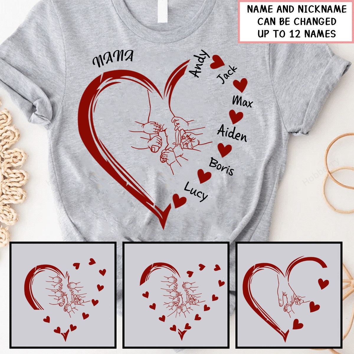 Personalized Grandma Mama And Kid Hands Heart Shirt