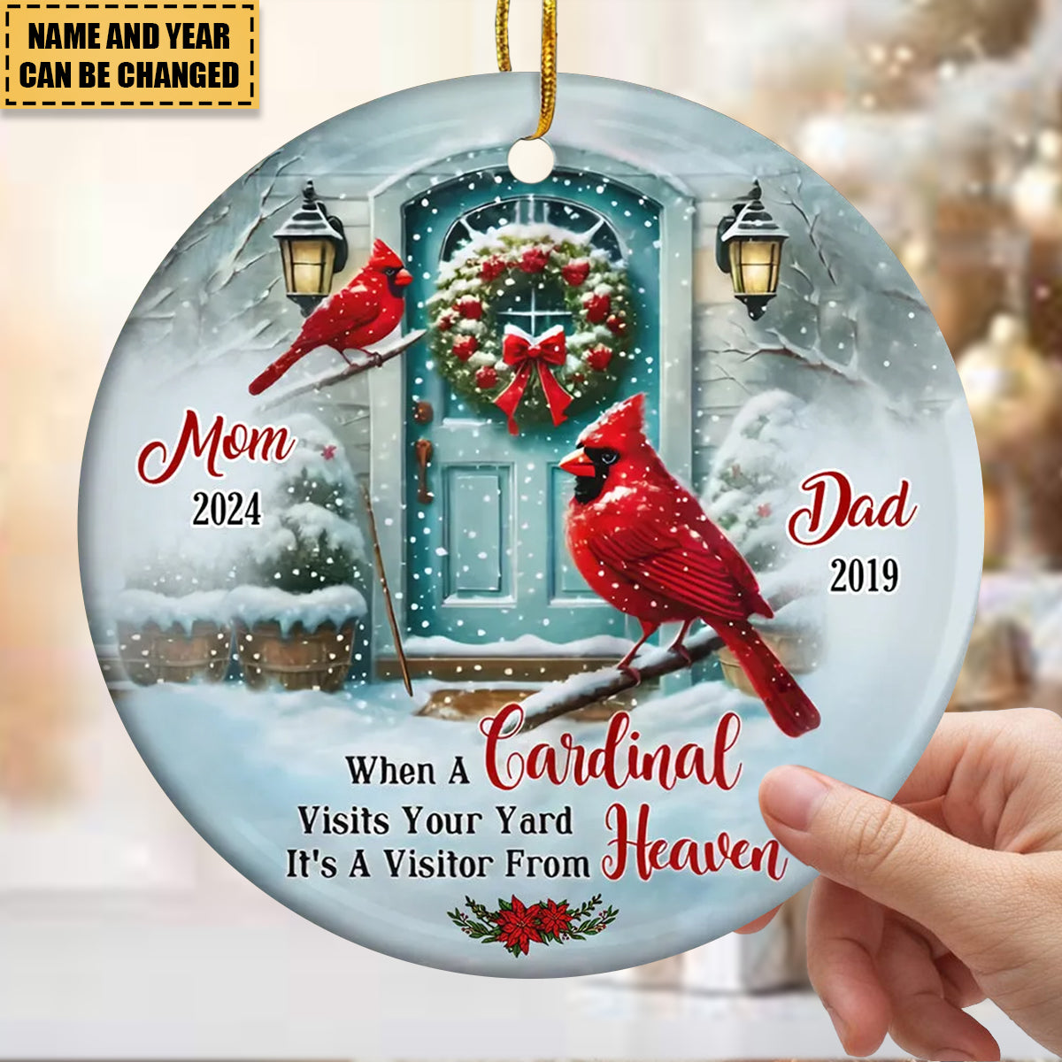 Personalized Memorial Keepsake Cardinal Visit Your Yard Circle Ceramic Ornament