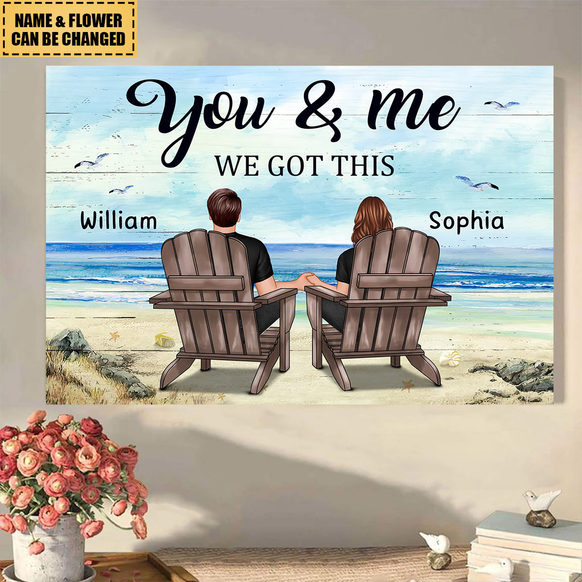 Couple Beach Landscape Retro Vintage Personalized Poster, Anniversary Gift For Couple