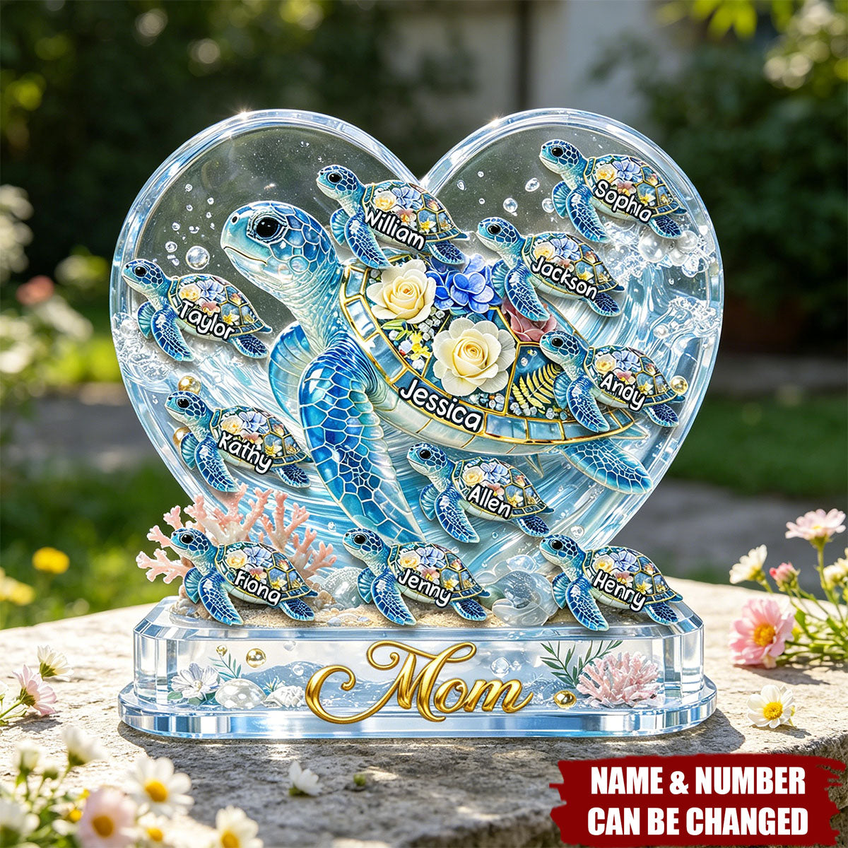 Personalized Shaped Acrylic Block Plaque with Sea Turtles & Ocean Flowers