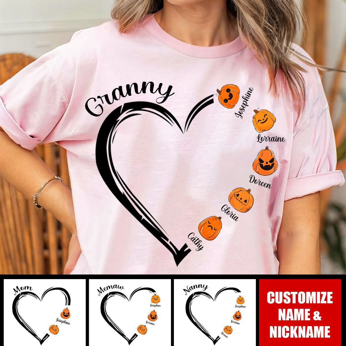 Grandma Mom Halloween Heart With Cute Pumpkins Kids Personalized T-shirt