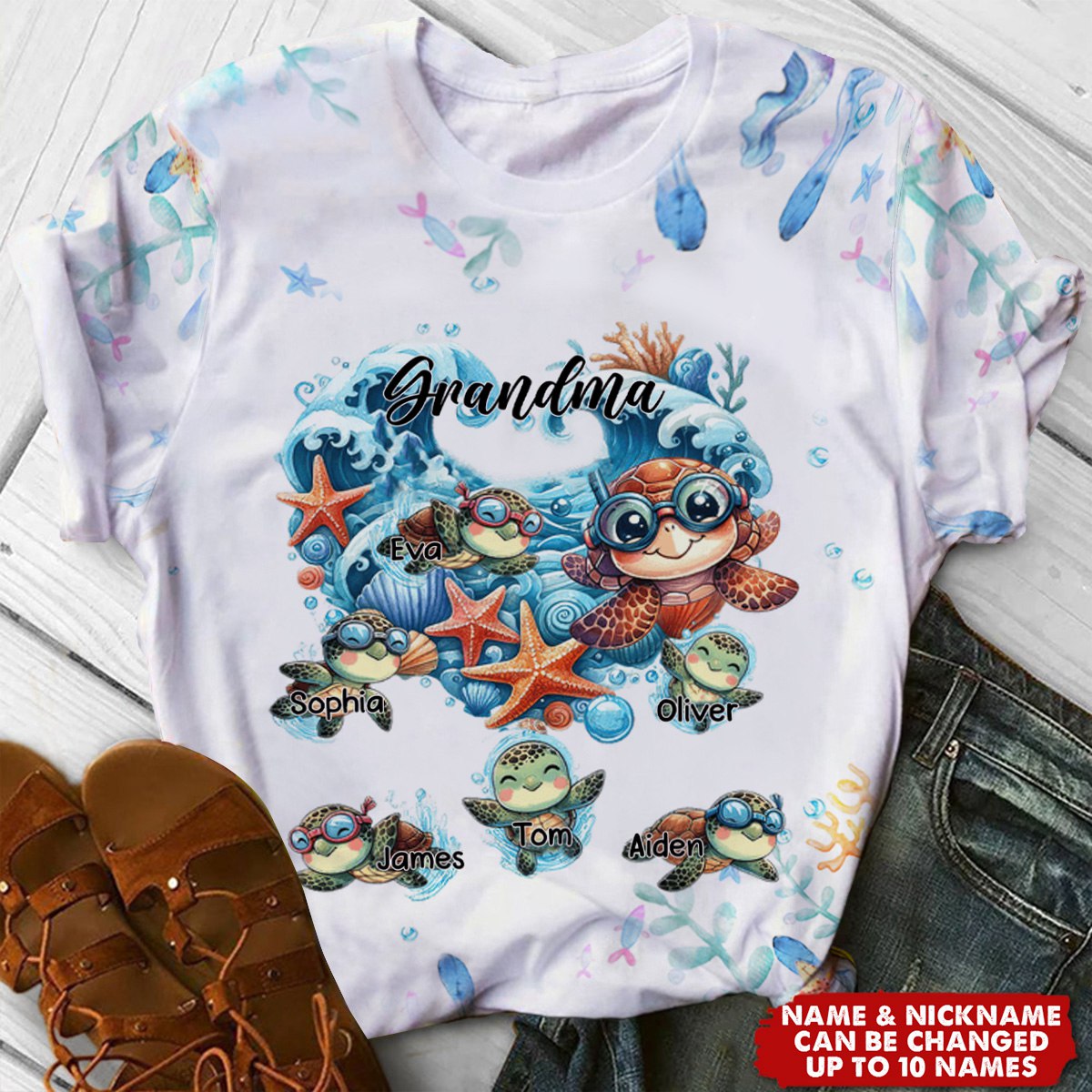 Turtle Grandma Ocean Heart Shape Personalized 3D T-Shirt