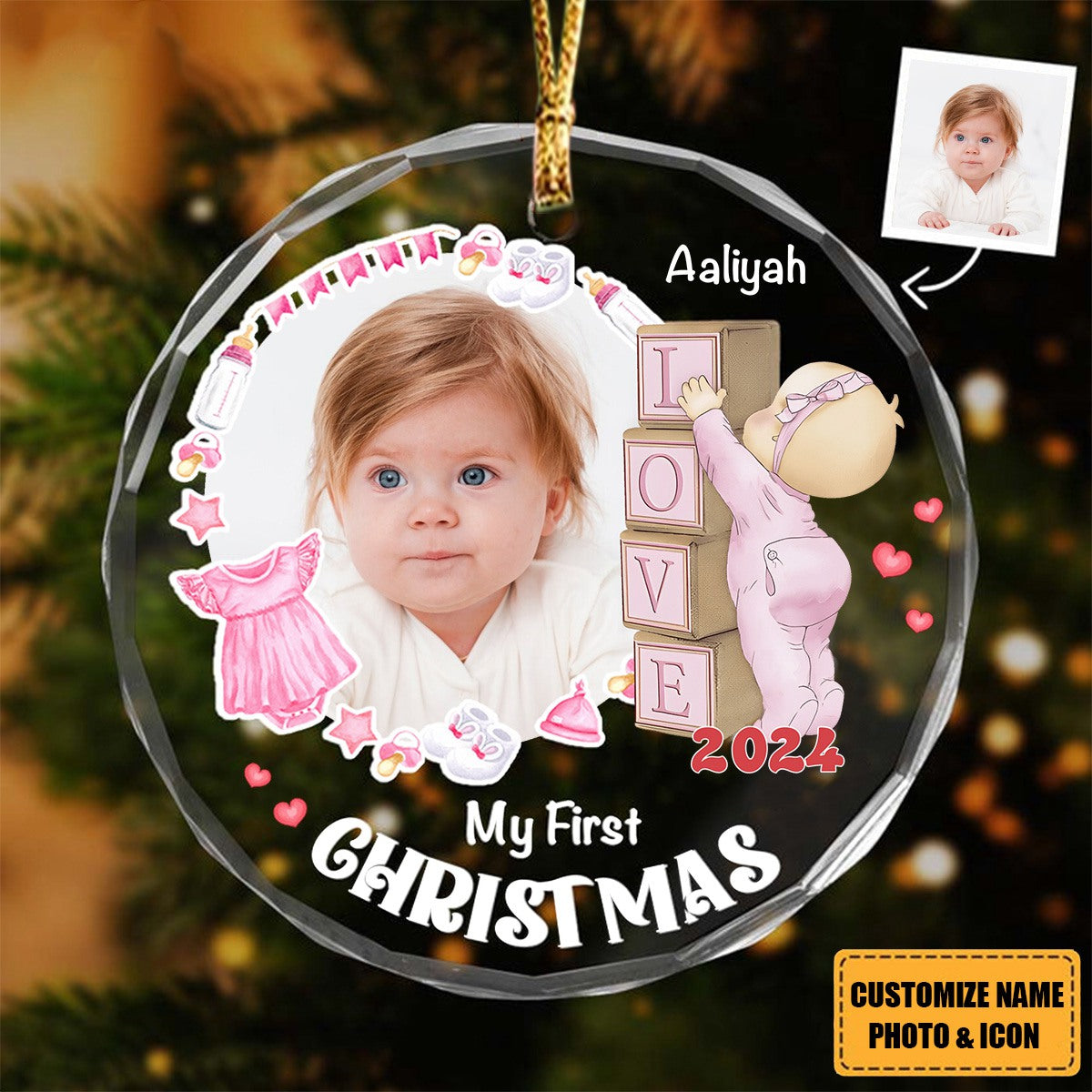 Gift For Baby First Christmas - Personalized Circle Glass Ornament