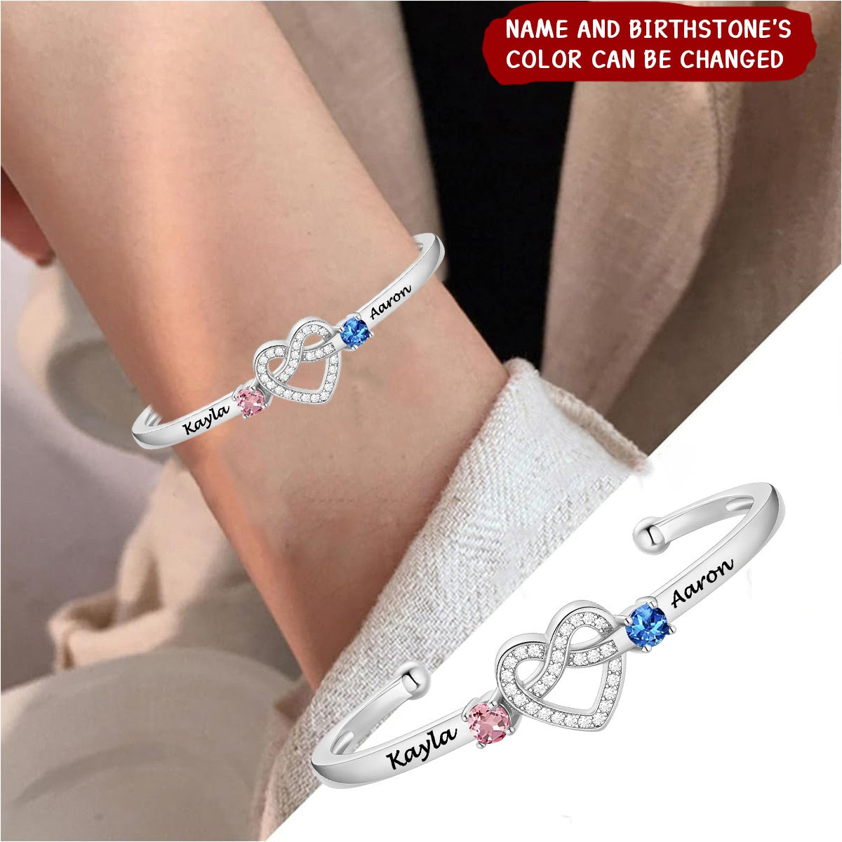 Love Knot Heart Birthstone Cuff Personalized Couple Bracelet,Gift For Loved One