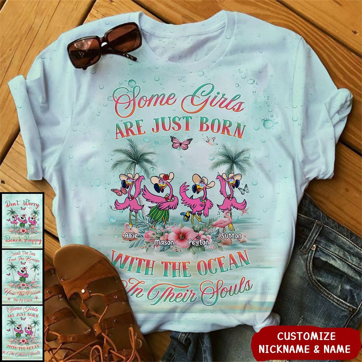 The Sea Feel The Breeze Hear The Ocean Be At Ease - Personalized Happy Flamingo T-shirt