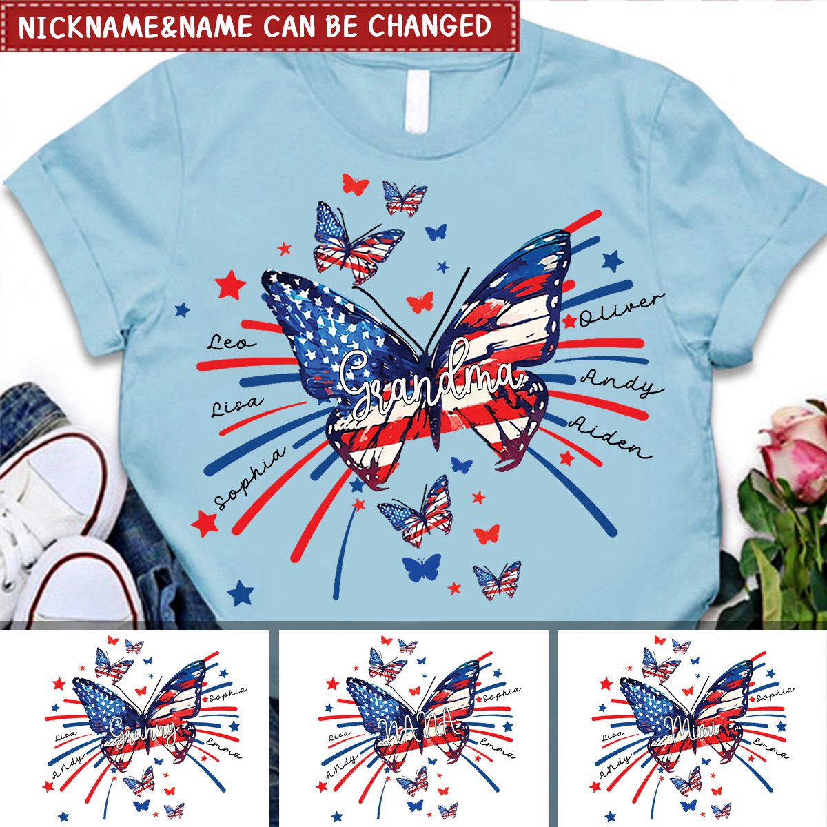 Mimi Butterfly Flag Star And Grandkids 4th Of July Personalized Shirt