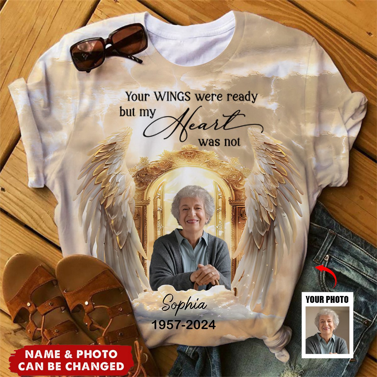 Personalized Upload Photo Sparkling Golden Angel Wings Heaven Gate, Your Wings Were Ready But My Heart Was Not