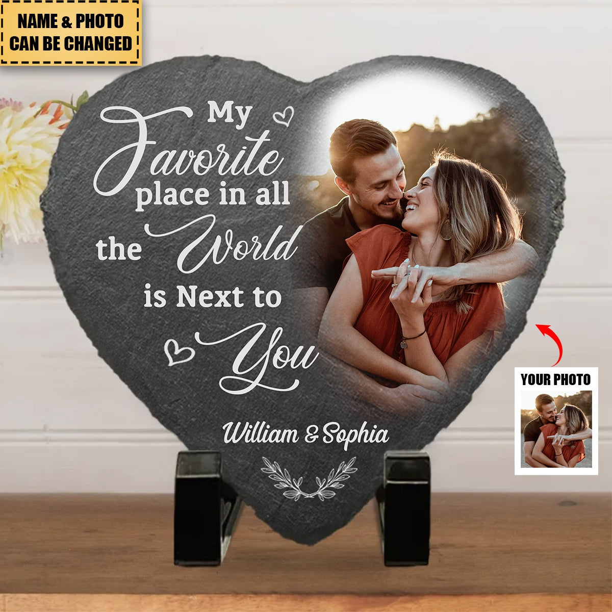 Custom Photo My Favorite Place In All The World Is Next To You - Couple Personalized Heart Shaped Stone With Stand