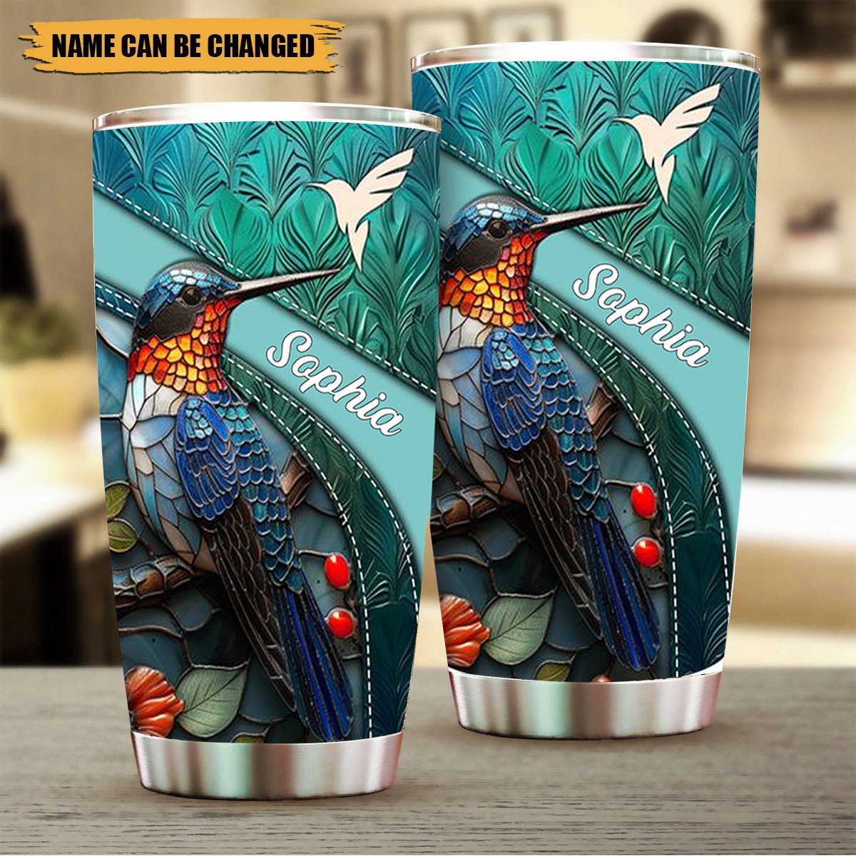 Personalized Stainless Steel Humming Bird White Pattern Tumbler