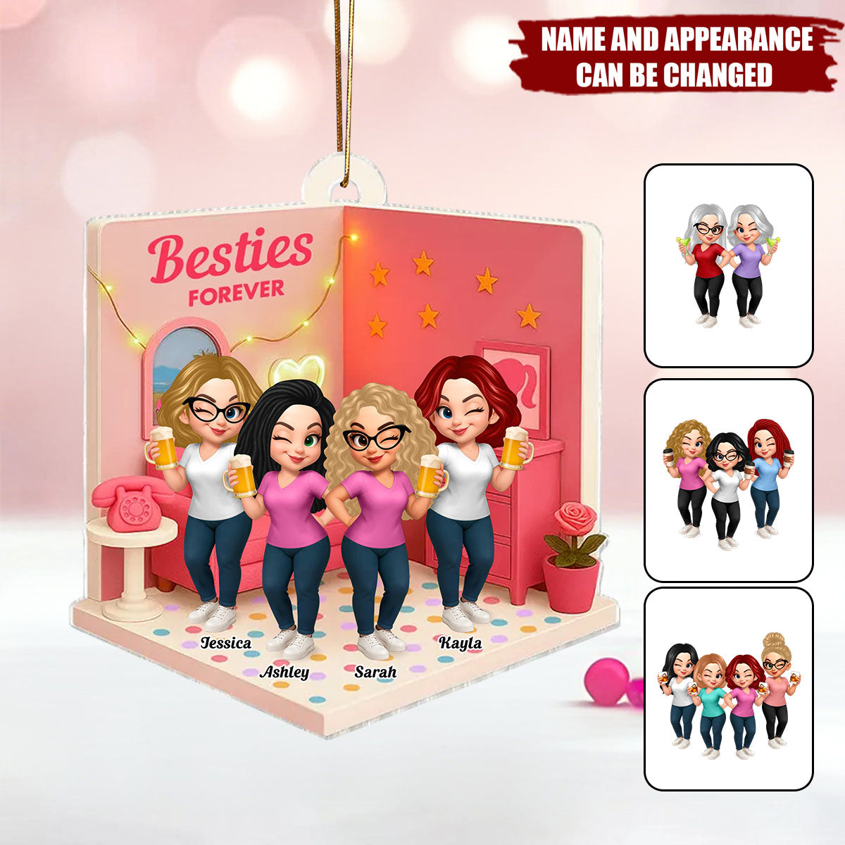 Pink Besties Sisters 3D Effect In House  - Personalized Acrylic Flat Ornament