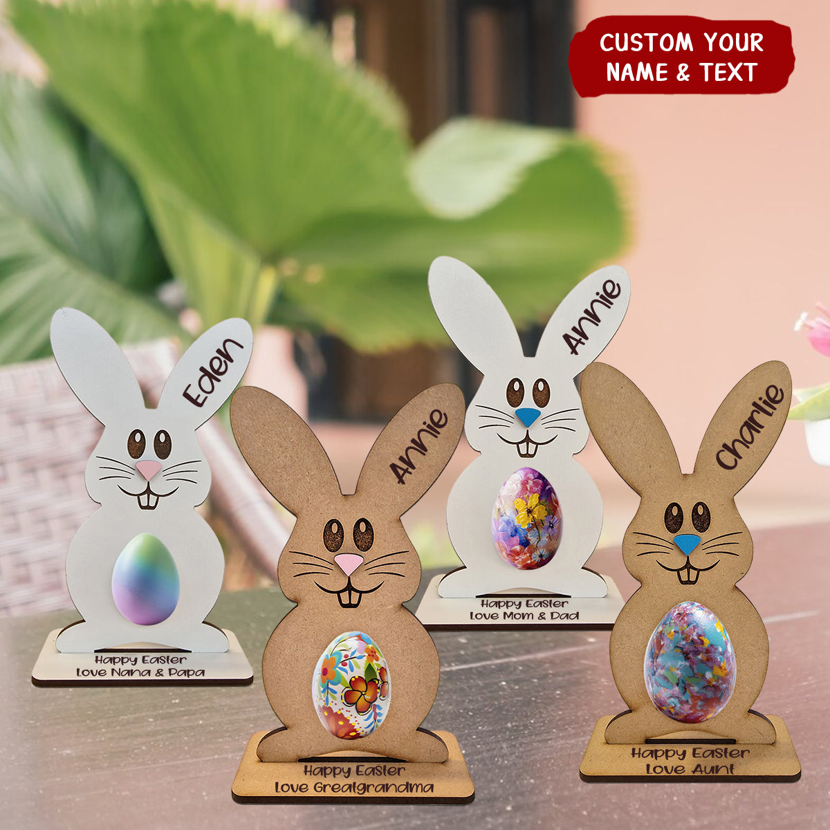 Bunny Holding Easter Egg Personlized Wooden Holder, Easter Gift For Kids Grandkids