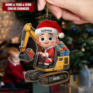 Cartoon Kid And Christmas Excavator Personalized Acrylic Ornament