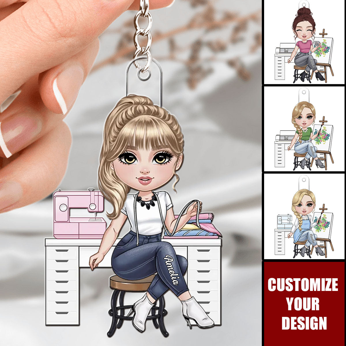 Cartoon Girl Love Sewing - Personalized Acrylic Keychain