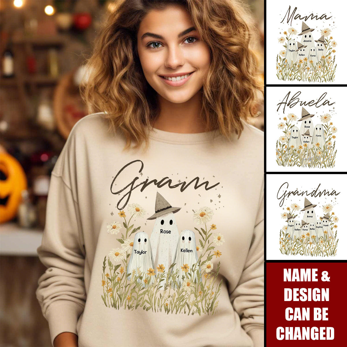 Cute Ghost Grandma And Kids In Wildflowers Spooky Fall Personalized Sweatshirt