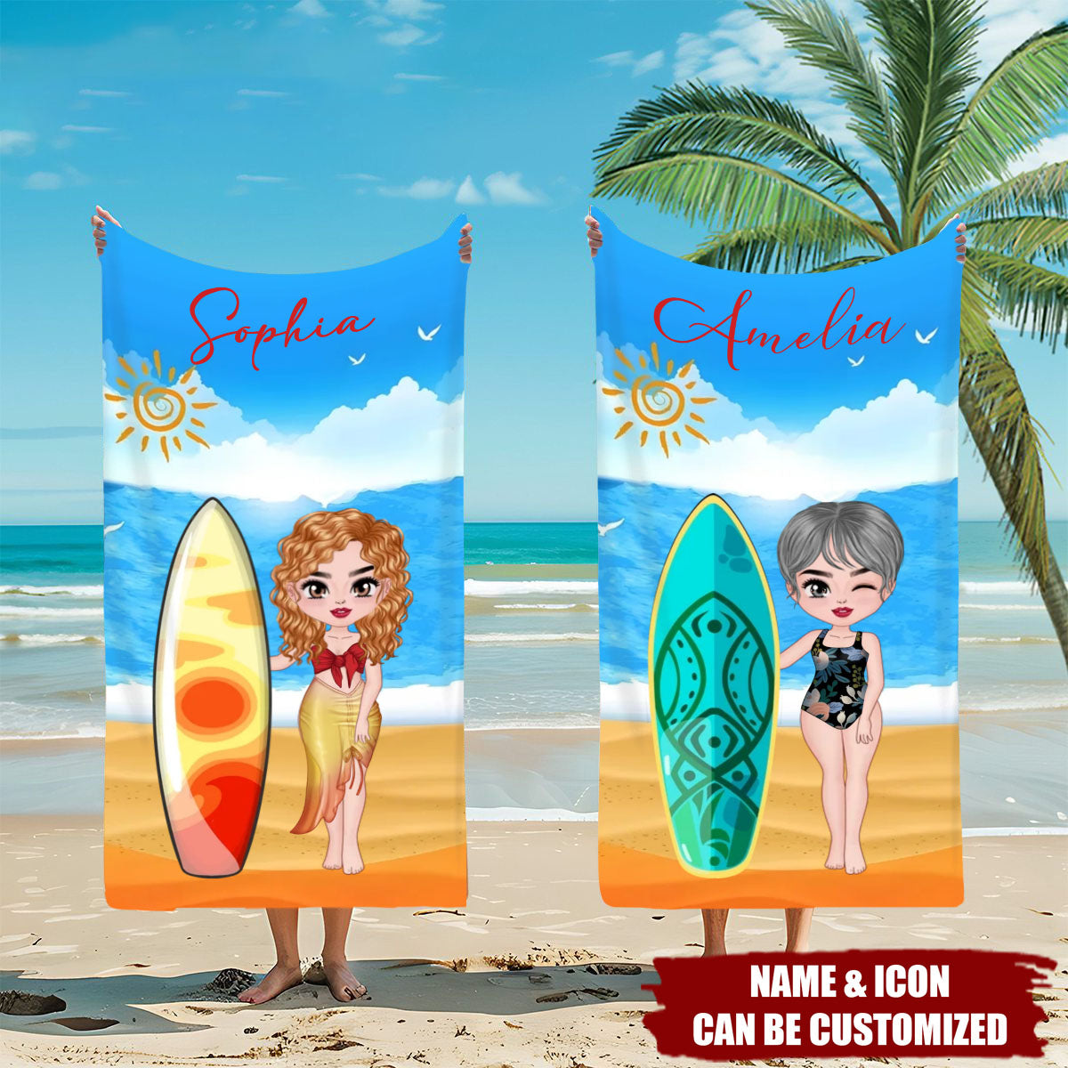 Personalised Surfboard Cartoon Character Beach Towel, Summer Vacation Travel Gift For Woman Man