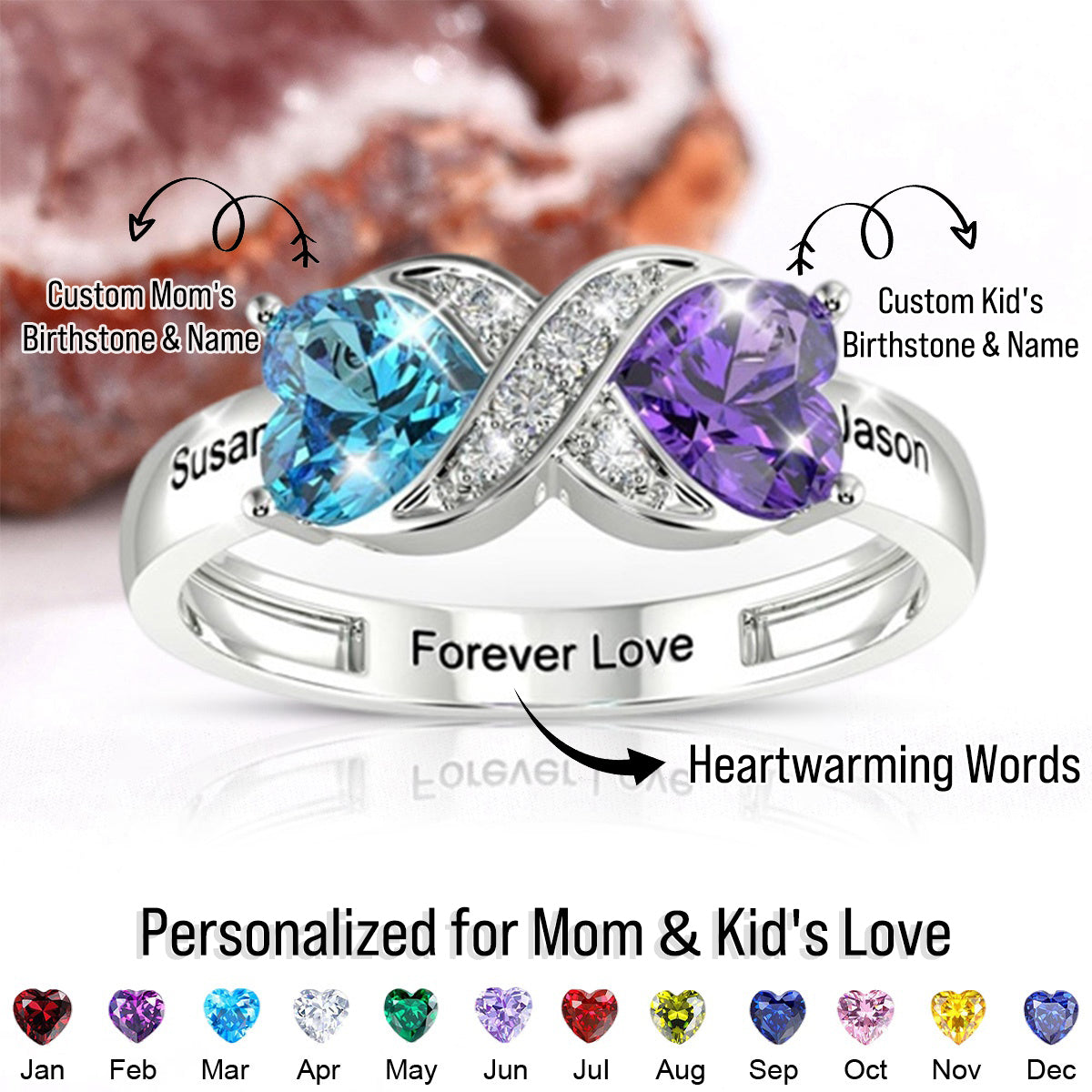 Infinity Heart Birthstone Personalized Ring, Gift For Mom/Grandma