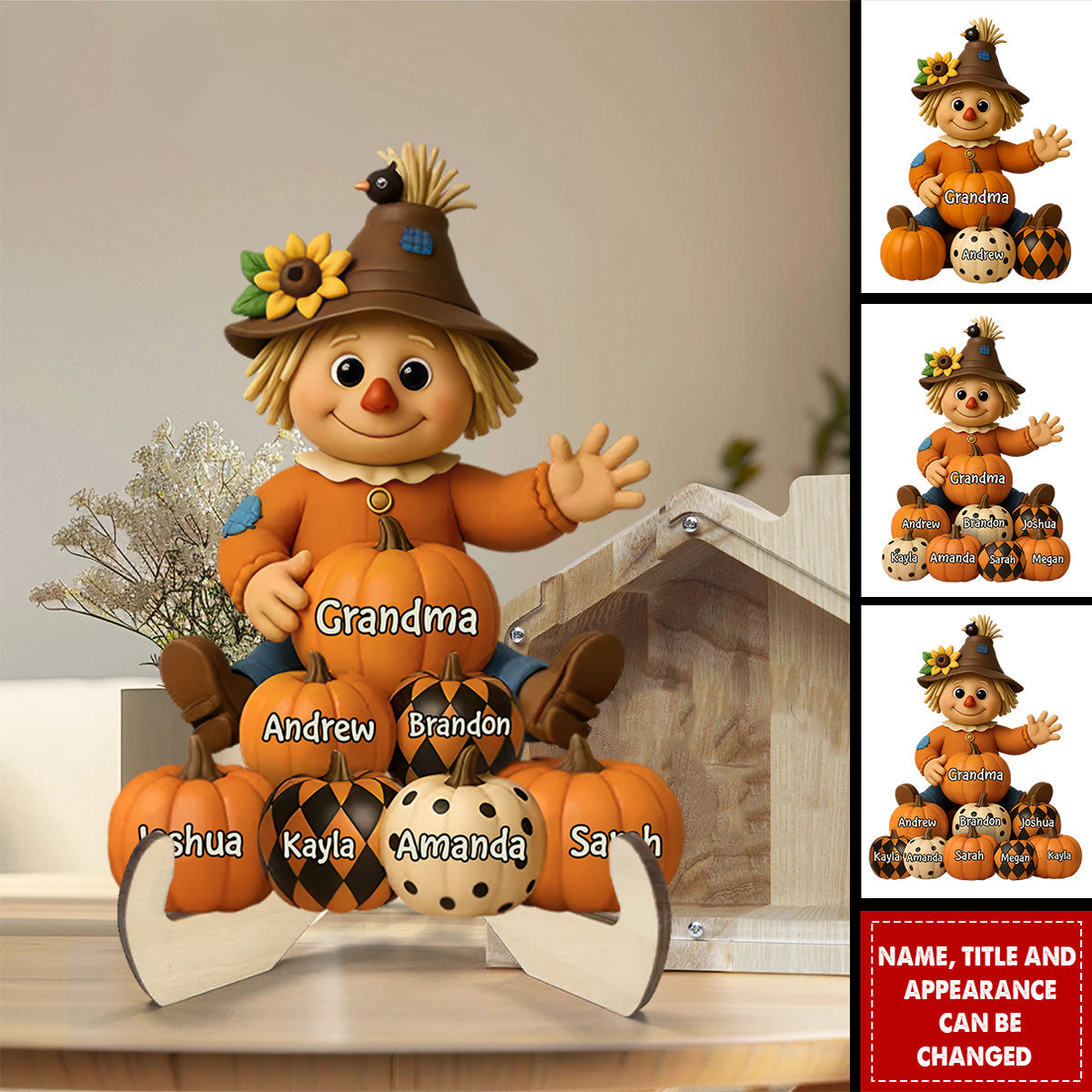 Fall Grandma Scarecrow Grandkids Pumpkins - Personalized 2-Layer Standing Wooden Plaque