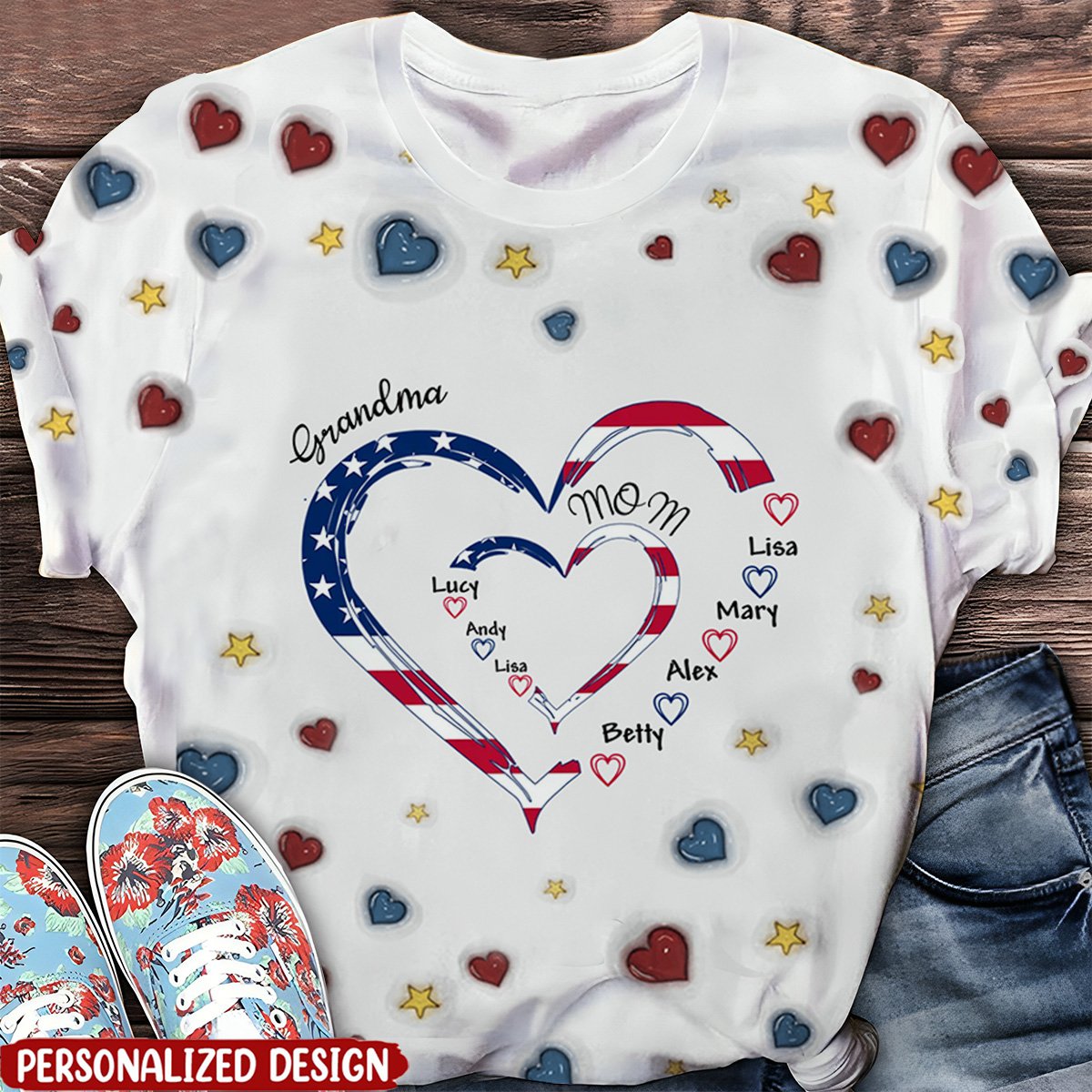 Heart Grandma Heart Mom With Kid Name 3D Inflated Effect 3D T-Shirt