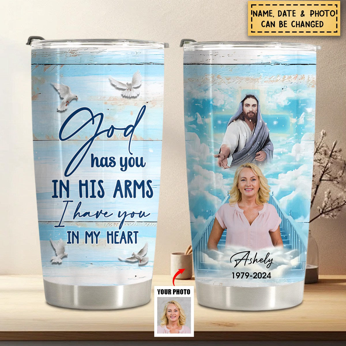 God Has You In His Arms I Have You In My Heart - Memorial Gift Personalized Glitter Tumbler