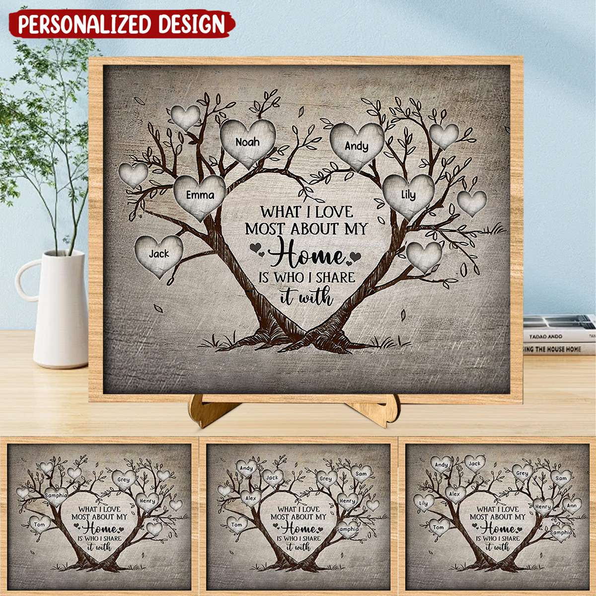 What I Love About Home Is Who I Share It With, Family Tree Personalized Wood Plaque