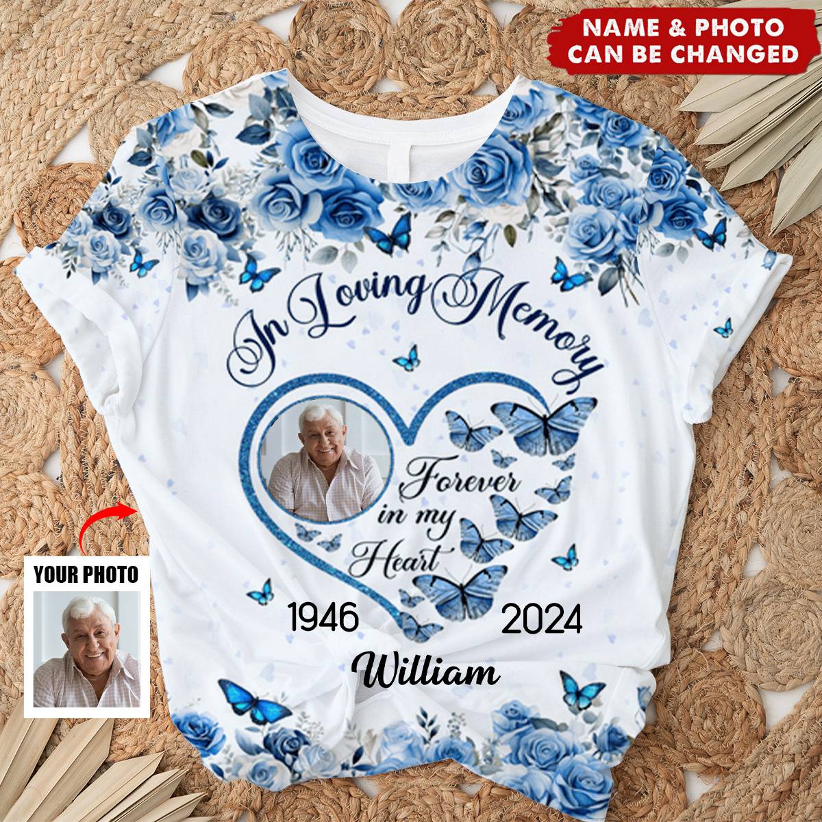 Blue Roses And Butterflies Custom Photo Memorial 3D T-Shirt