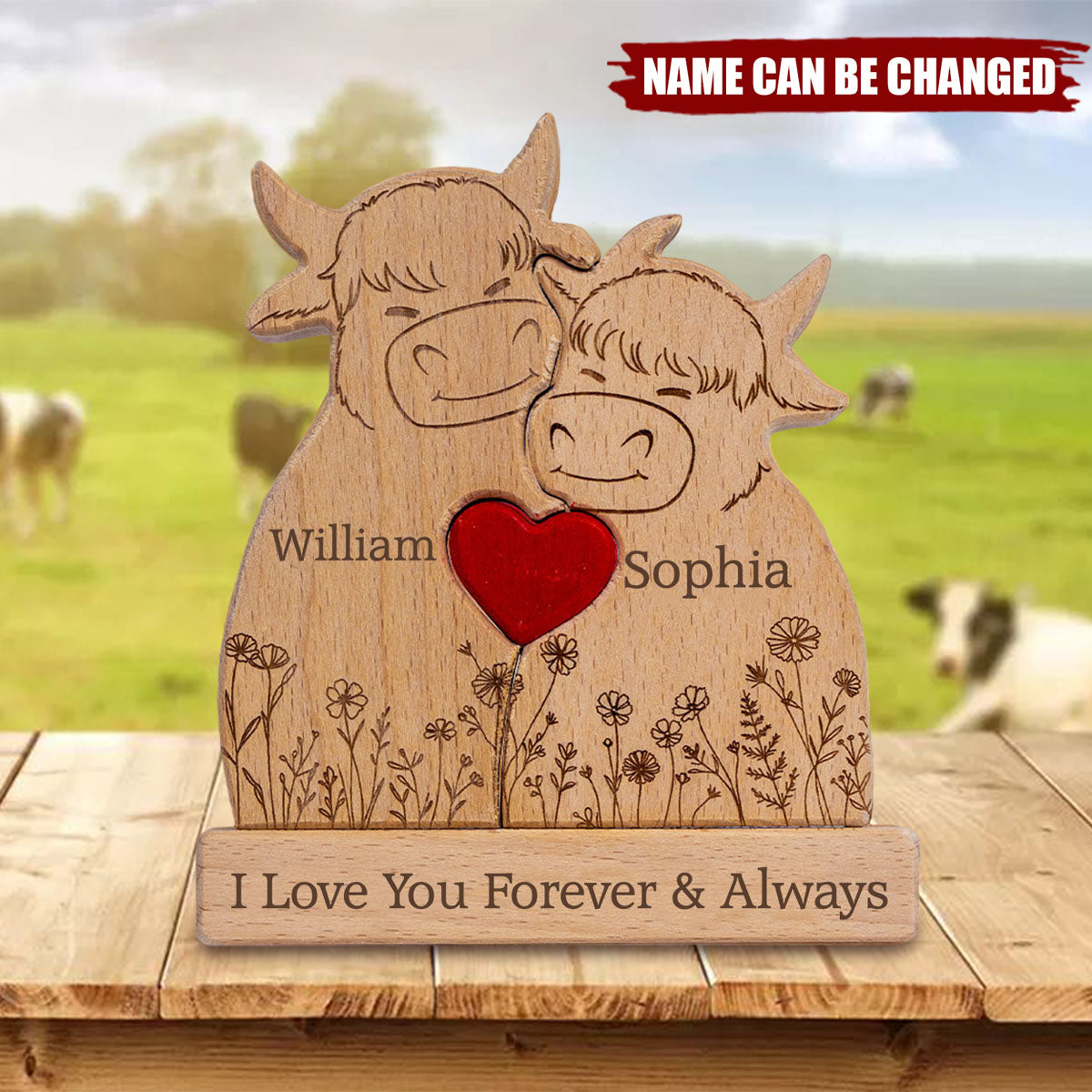 Highland Cow Couple Anniversary Gift Valentine's Day Gift - Personalized Wooden Puzzle
