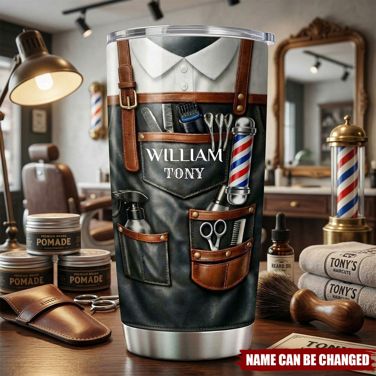 Personalized Barber Tumbler, Custom Name Hairdresser Apron Design