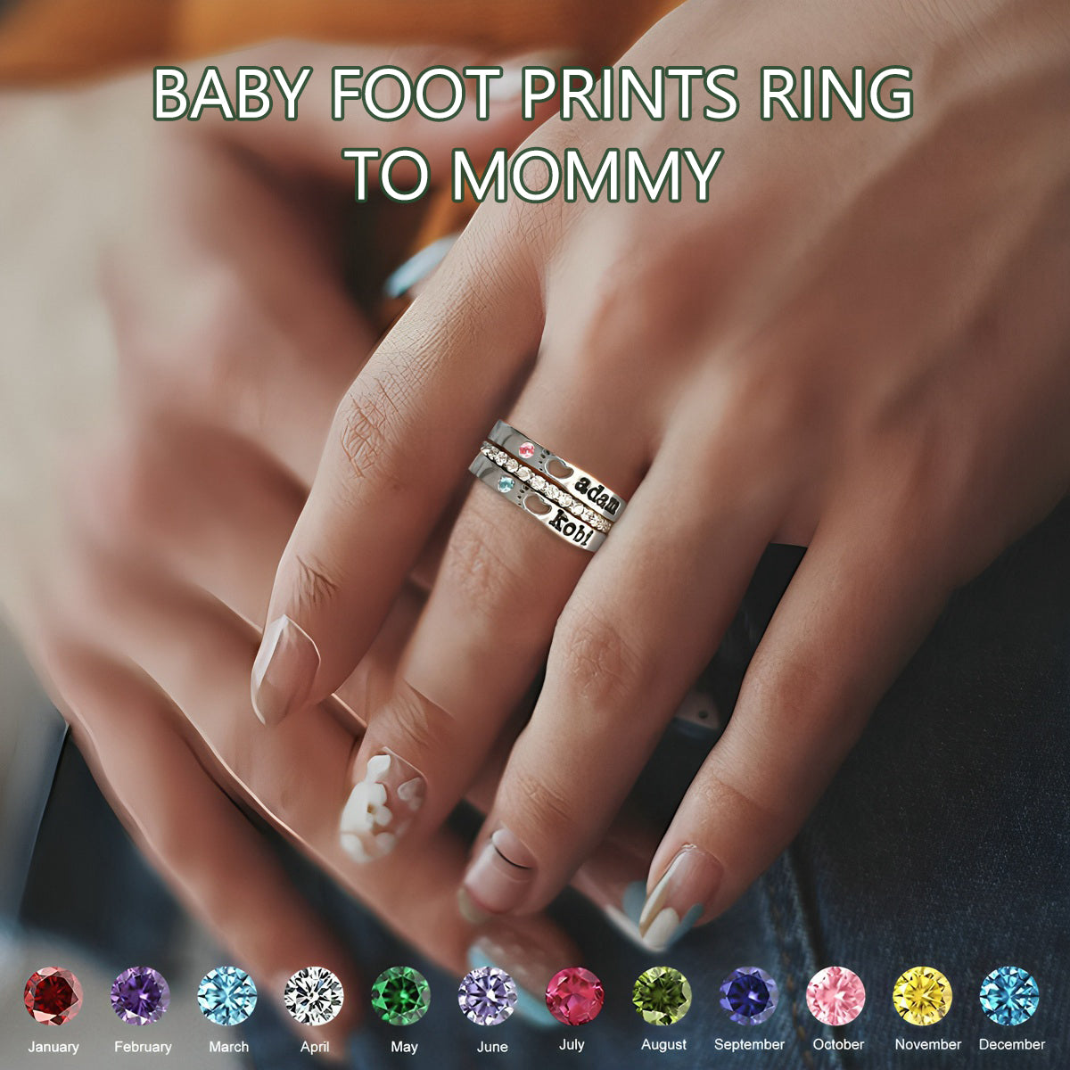 Foot Prints Engraved Name Stacking Custom Birthstone Ring