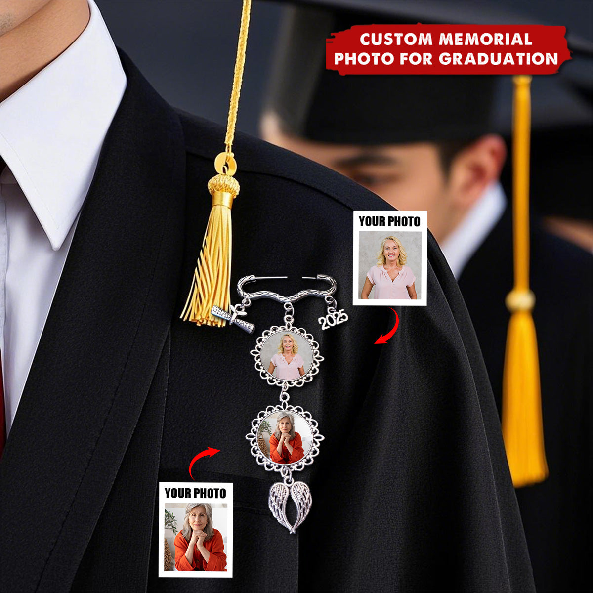 Graduation Custom Memorial Photo With Angel Wings Pendant Personalized Gown Charm Pin