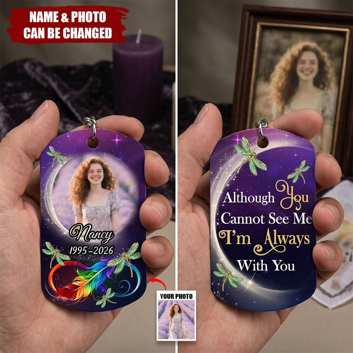 Personalized Stainless Steel Keychain With Memorial Photo, Dragonfly Design, Unique Gift For Family