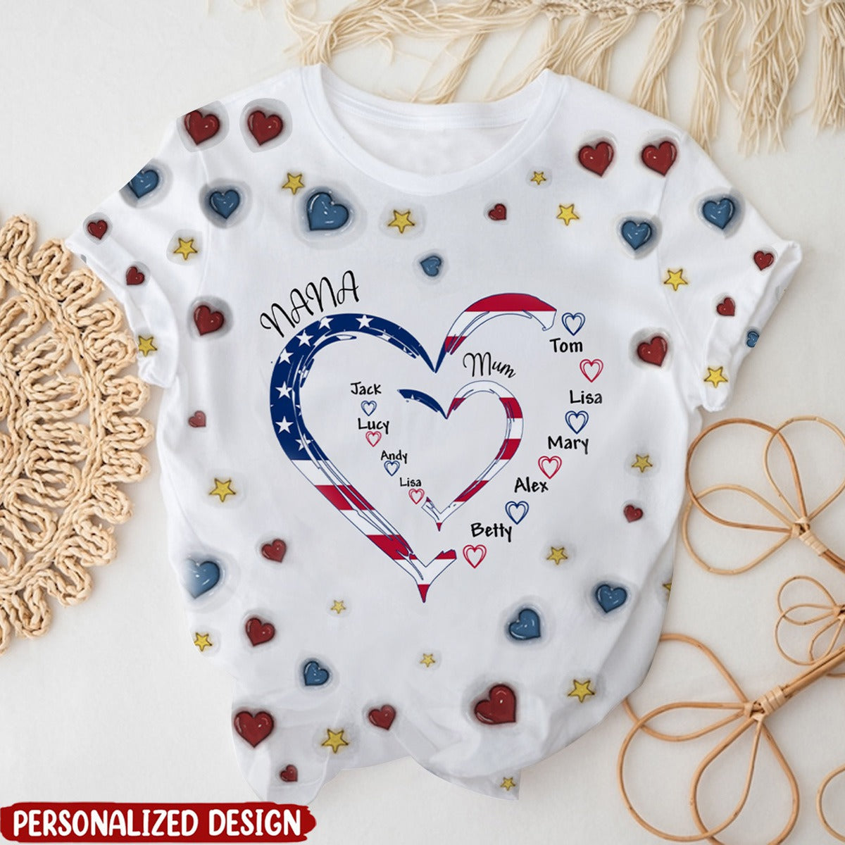 Heart Grandma Heart Mom With Kid Name 3D Inflated Effect 3D T-Shirt