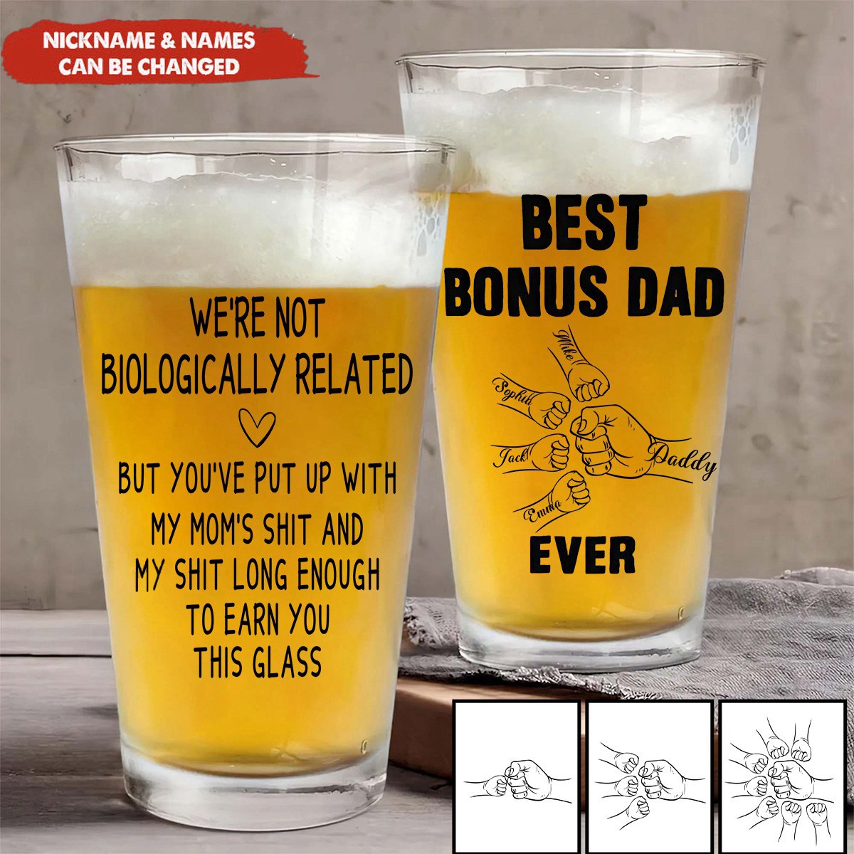 We're Not Biologically Related Bonus Dad Step Dad Gift - Personalized Beer Glass