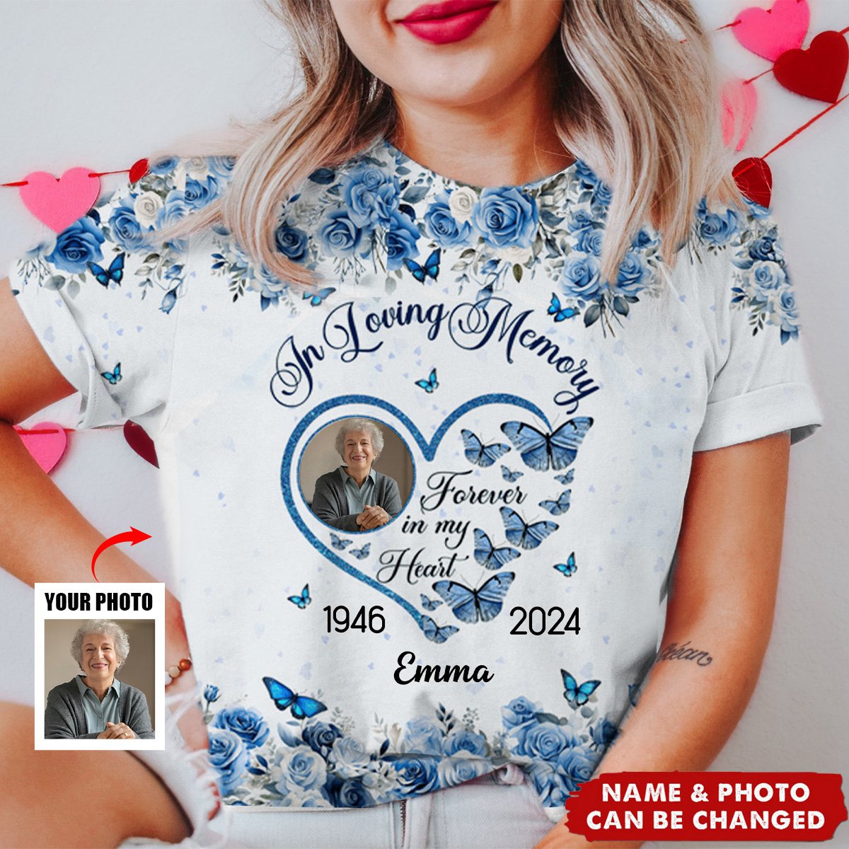 Blue Roses And Butterflies Custom Photo Memorial 3D T-Shirt