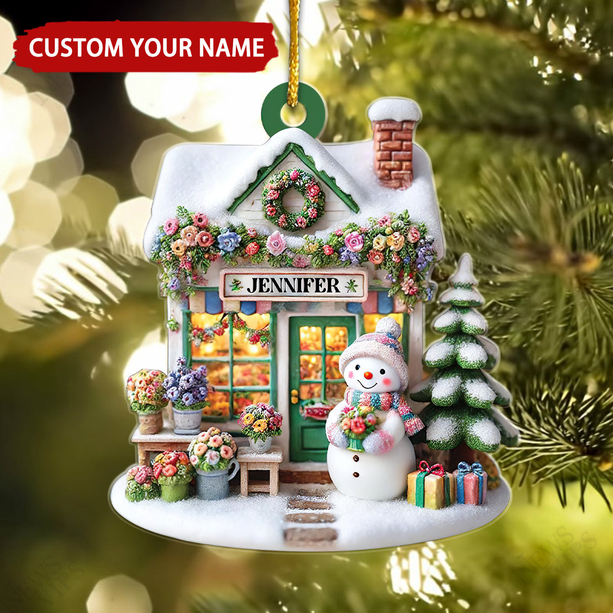 Floral Shop Cute Snowman Personalized Christmas Ornament