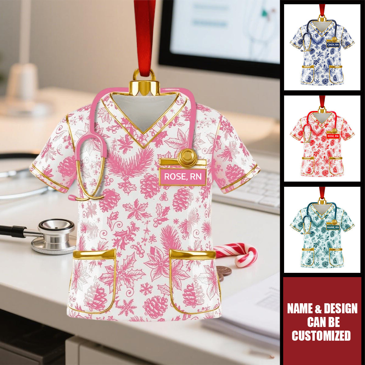 Personalized Nurse Toile de Jouy Acrylic Ornament, Christmas Gifts For Nurse