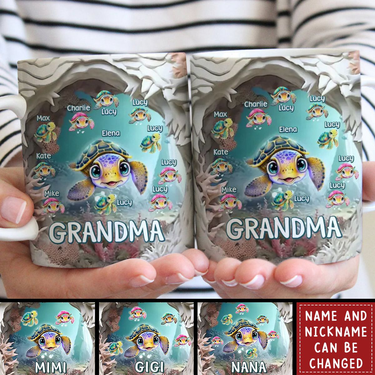 Custom Personalized Grandma With Kids Turtle 3D Effect Coffee Mug - Gift Idea For Grandma/ Mom/ Mother's Day - Upto 10 Kids