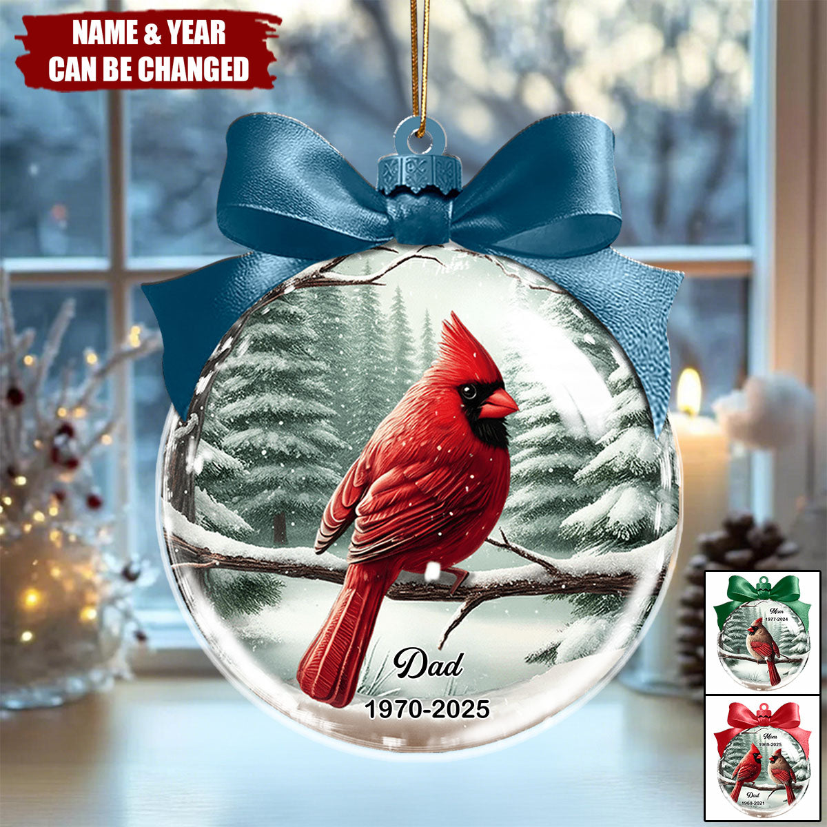 Winter Scene Memorial Cardinal Acrylic Ornament - Personalized Memorial Ornament
