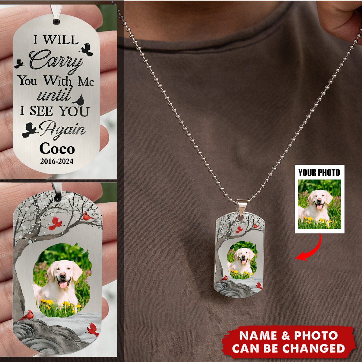 Memorial Gift Pet I Will Carry You - Personalized Photo Dog Tag Necklace