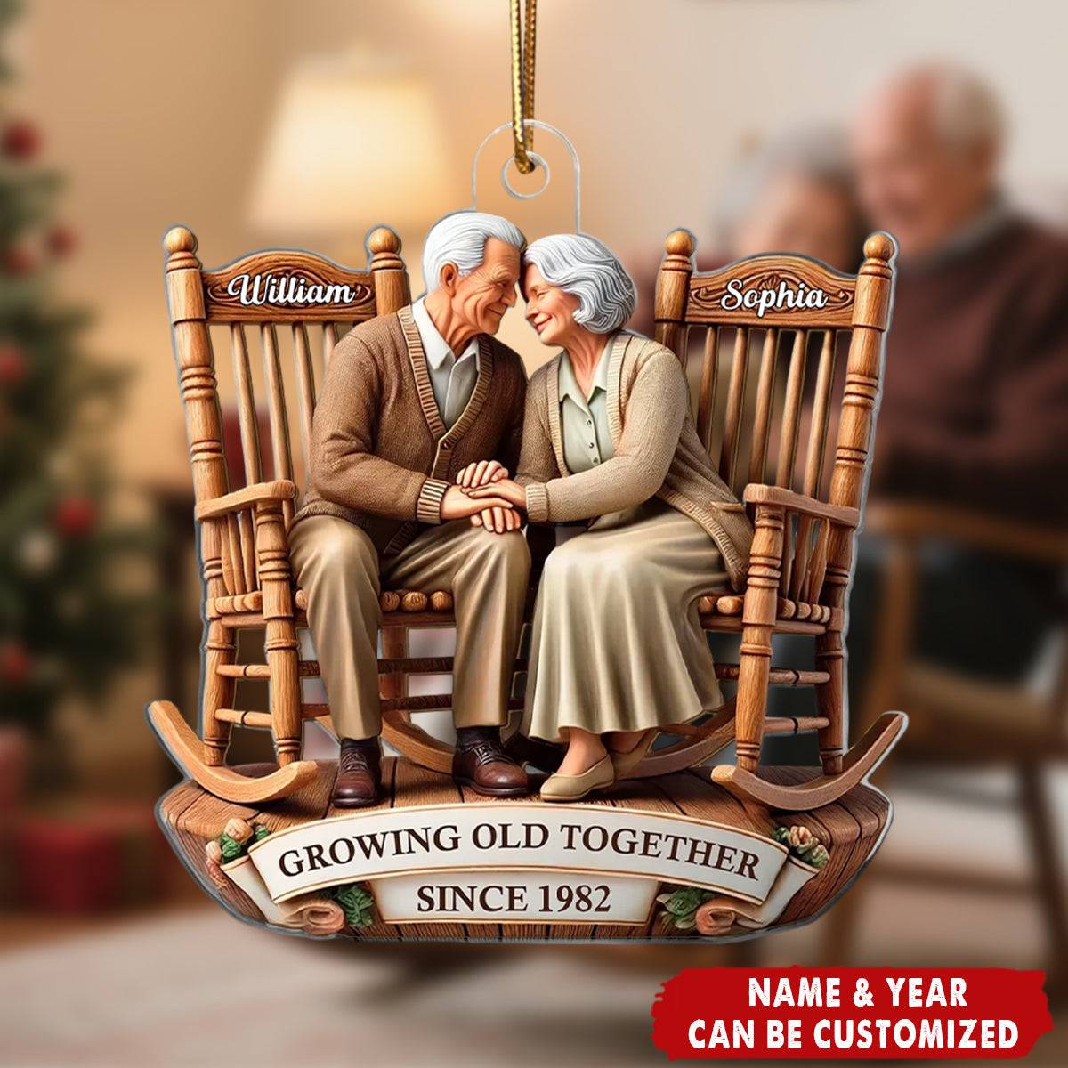 Old Couple Sitting On Rocking Chairs Together Personalized Christmas Acrylic Ornament
