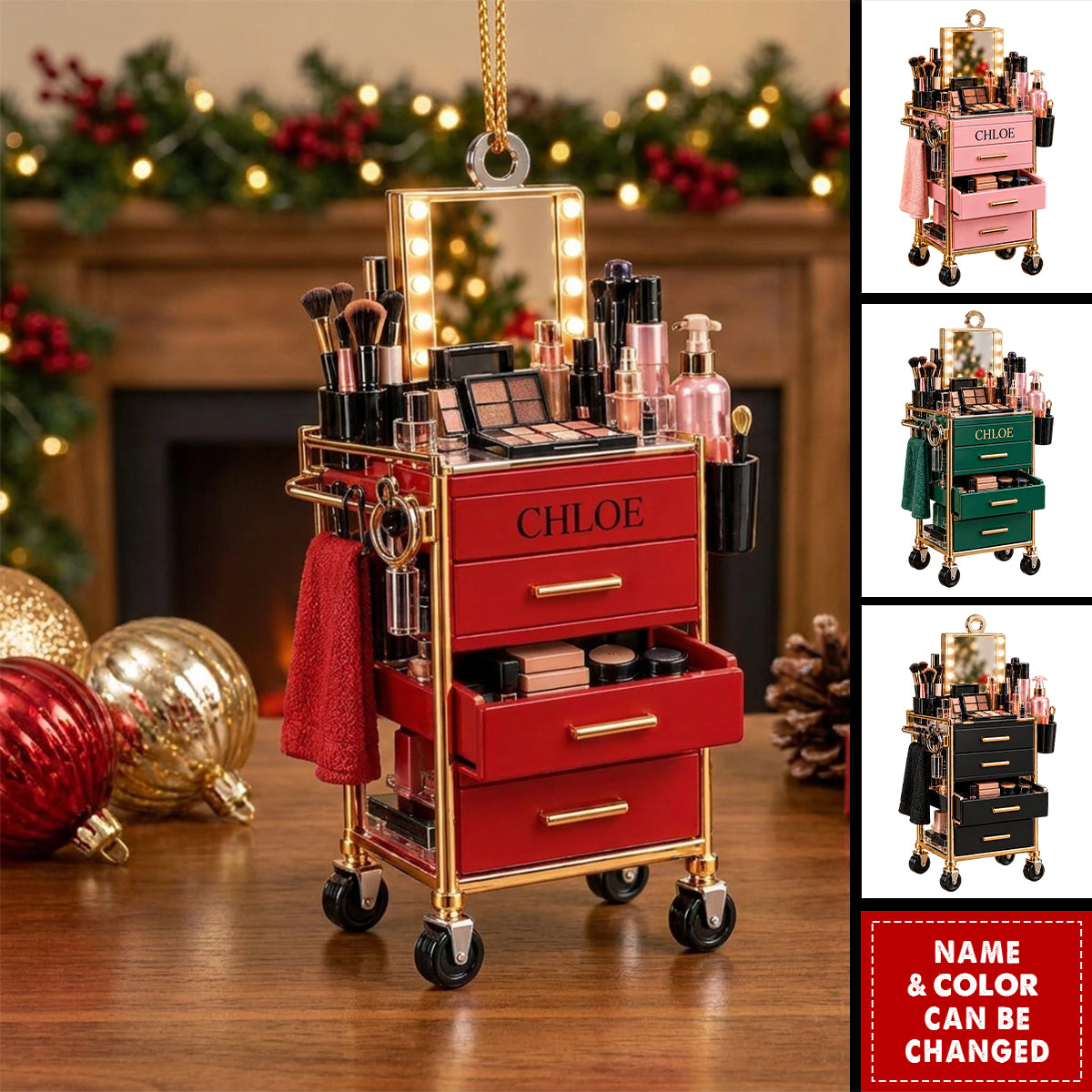 Personalized Makeup Cart Christmas Ornament, Custom Name Gift for Makeup Artist