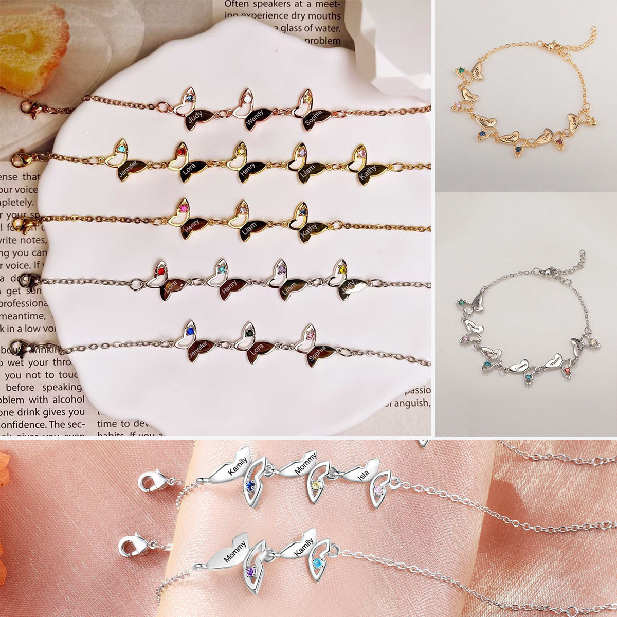 Custom Birthstone Butterfly With 1-6 Names Personalized Bracelet