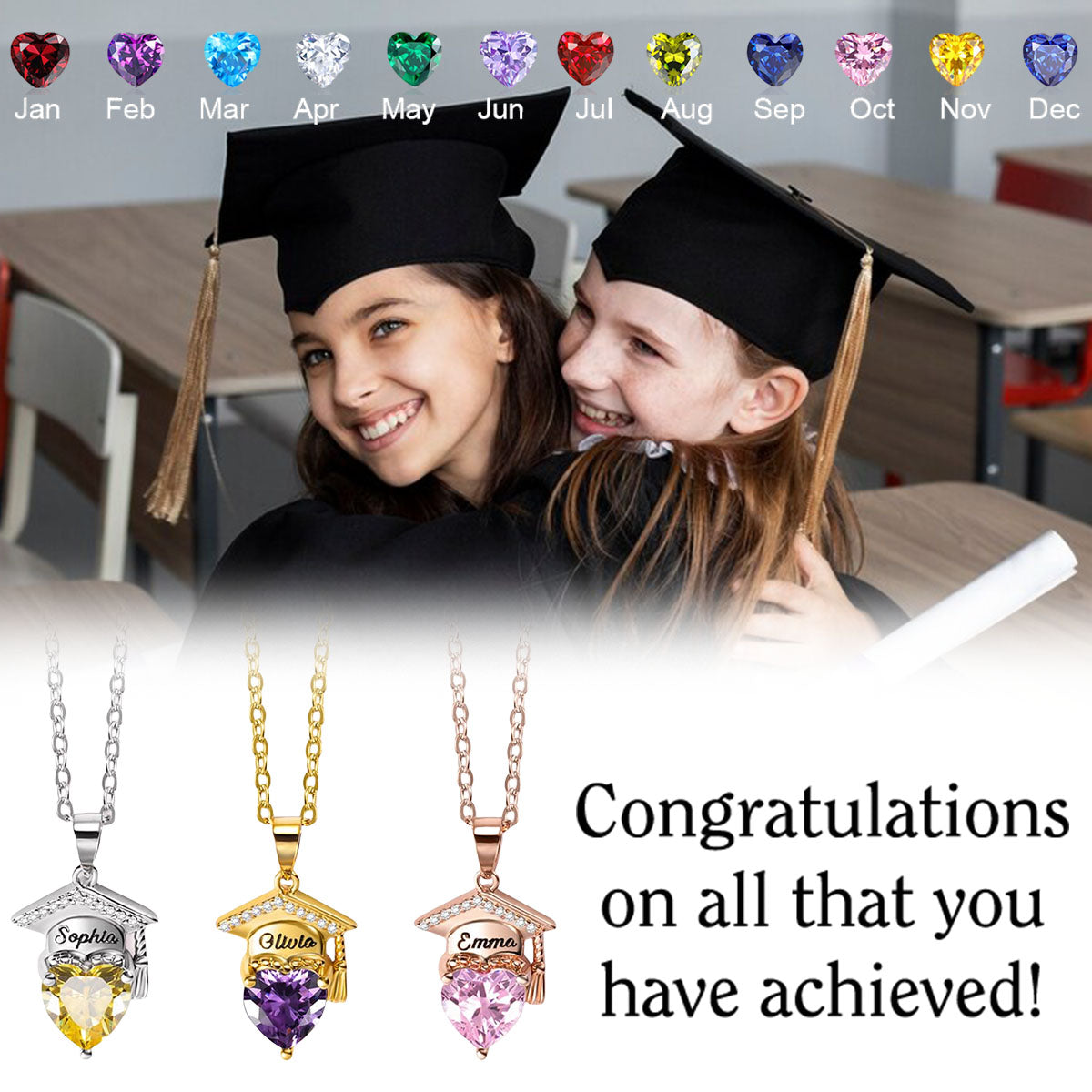 Graduation Cap Custom Birthstone Necklace, Gift For High School College Graduates