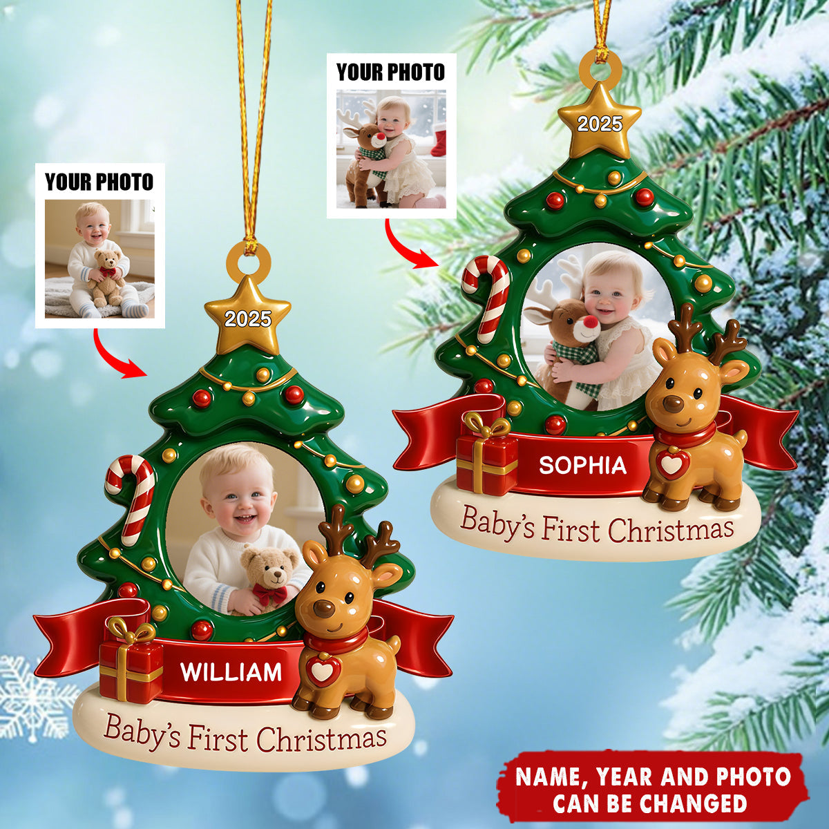 Baby's First Christmas With Tree And Reindeer - Personalized Acrylic Flat Ornament