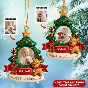 Baby's First Christmas With Tree And Reindeer - Personalized Acrylic Flat Ornament