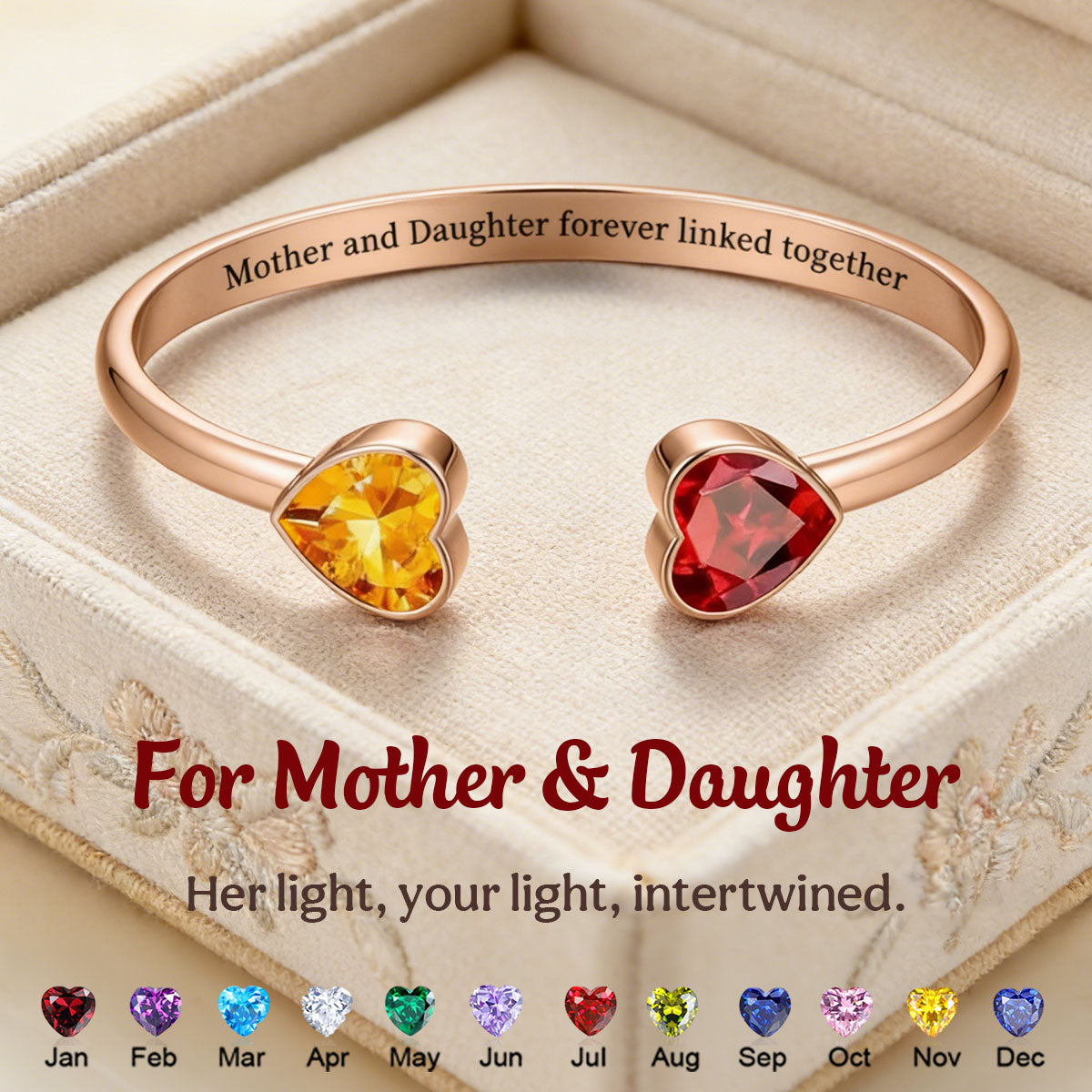 Mother & Daughter Double Heart Custom Birthstones Bracelet