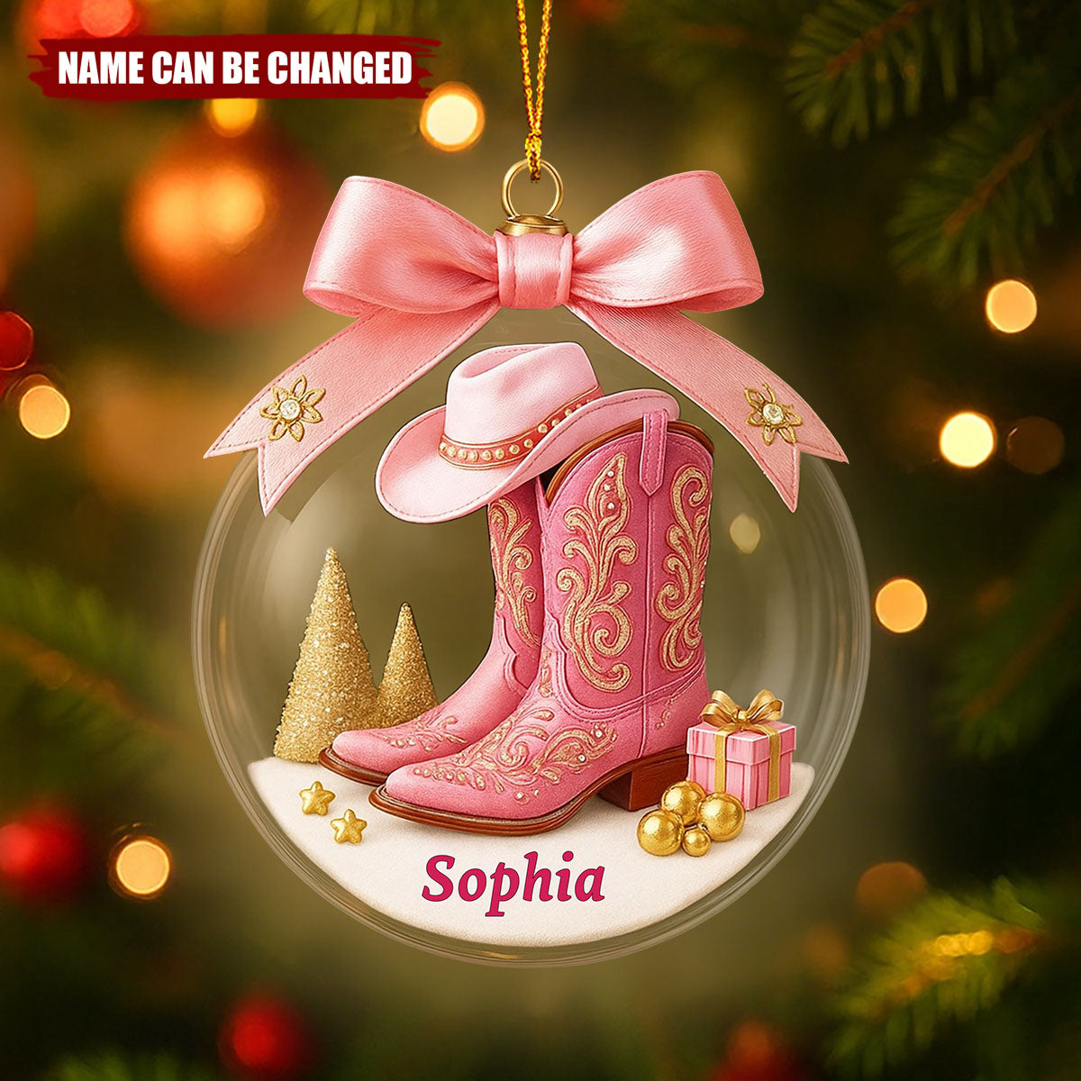 Personalized Cowgirl Boots Christmas Ornament, Western Pink Boot Ornament